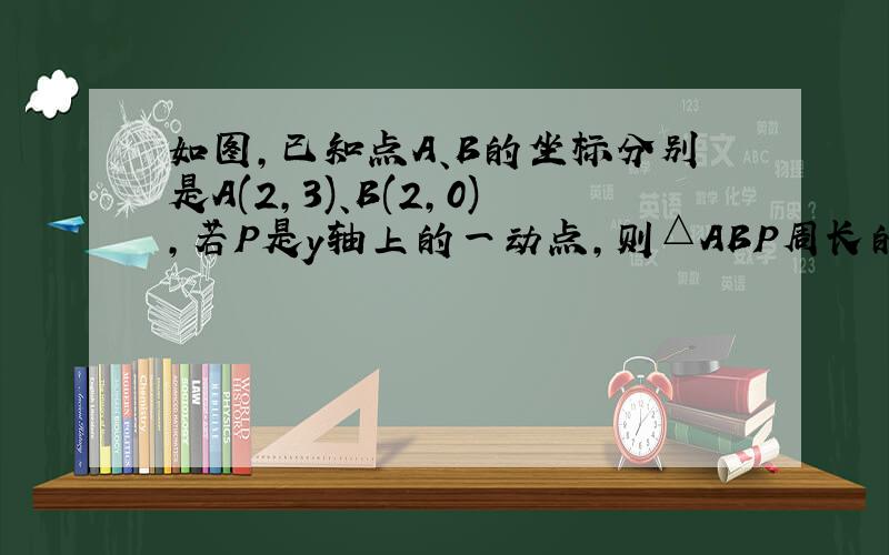 如图,已知点A、B的坐标分别是A(2,3)、B(2,0),若P是y轴上的一动点,则△ABP周长的最小值是