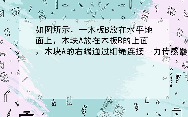 如图所示，一木板B放在水平地面上，木块A放在木板B的上面，木块A的右端通过细绳连接一力传感器（力传感器固定在竖直墙壁上）