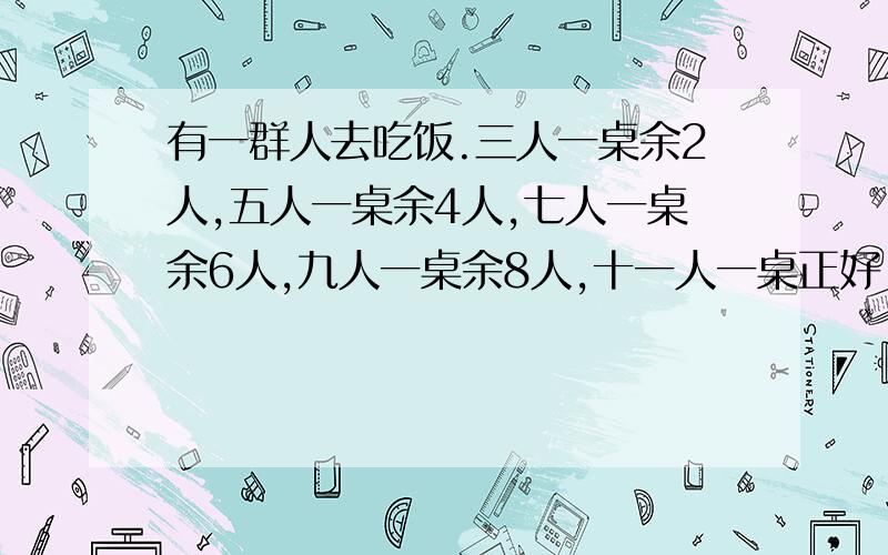 有一群人去吃饭.三人一桌余2人,五人一桌余4人,七人一桌余6人,九人一桌余8人,十一人一桌正好.问一共