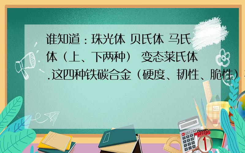 谁知道：珠光体 贝氏体 马氏体（上、下两种） 变态莱氏体.这四种铁碳合金（硬度、韧性、脆性）排列大小