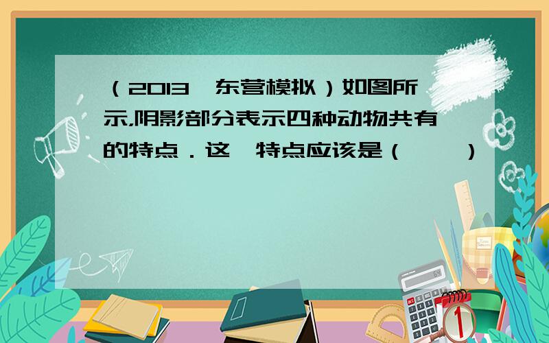 （2013•东营模拟）如图所示，阴影部分表示四种动物共有的特点．这一特点应该是（　　）