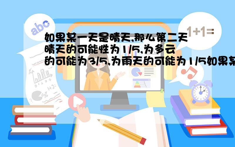 如果某一天是晴天,那么第二天晴天的可能性为1/5,为多云的可能为3/5,为雨天的可能为1/5如果某一天是多云,那第二天晴