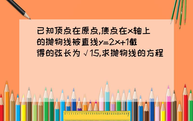 已知顶点在原点,焦点在x轴上的抛物线被直线y=2x+1截得的弦长为√15,求抛物线的方程