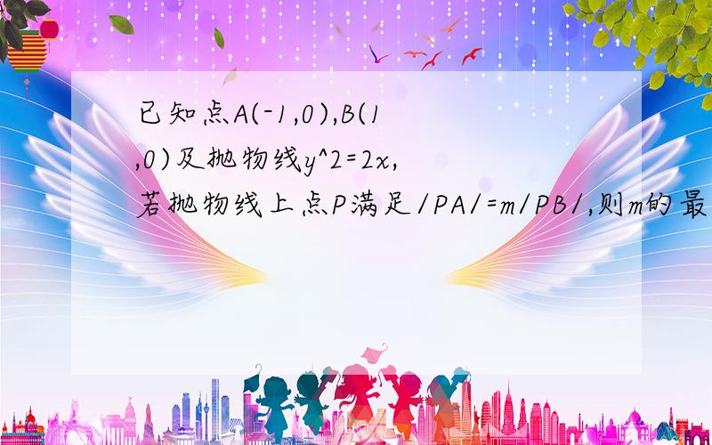 已知点A(-1,0),B(1,0)及抛物线y^2=2x,若抛物线上点P满足/PA/=m/PB/,则m的最大值为 A.3