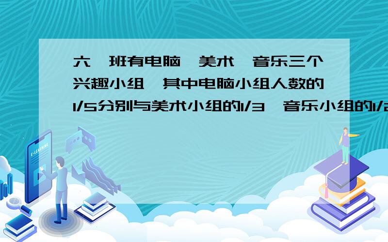 六一班有电脑、美术、音乐三个兴趣小组,其中电脑小组人数的1/5分别与美术小组的1/3、音乐小组的1/2相等.后来,有6名