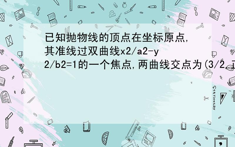 已知抛物线的顶点在坐标原点,其准线过双曲线x2/a2-y2/b2=1的一个焦点,两曲线交点为(3/2,正负根号6),求双