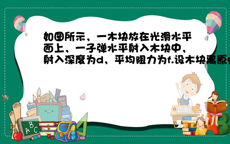 如图所示，一木块放在光滑水平面上，一子弹水平射入木块中，射入深度为d，平均阻力为f.设木块离原点s远时开始匀速前进，下列