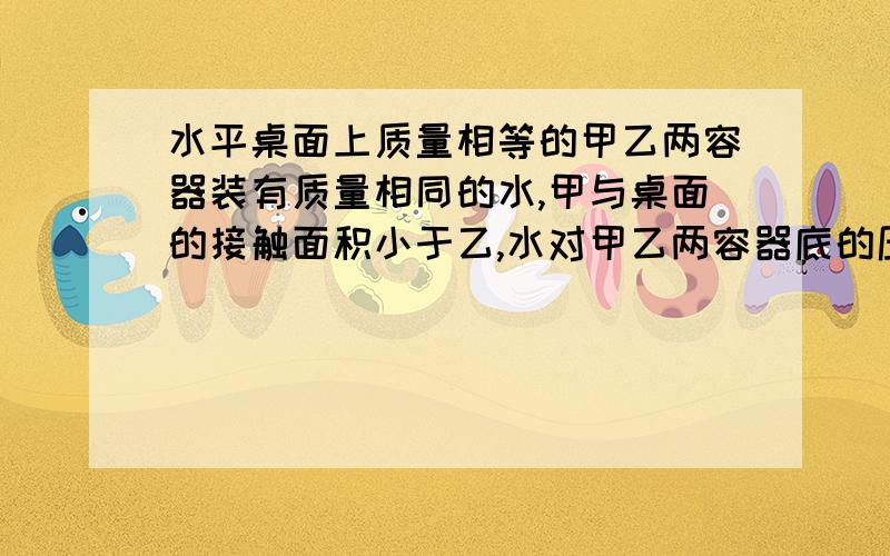 水平桌面上质量相等的甲乙两容器装有质量相同的水,甲与桌面的接触面积小于乙,水对甲乙两容器底的压力和压强的大小关系是：F甲