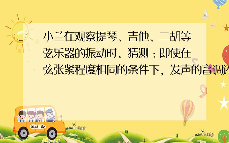 小兰在观察提琴、吉他、二胡等弦乐器的振动时，猜测：即使在弦张紧程度相同的条件下，发声的音调还可能与弦的粗细、长短及弦的材