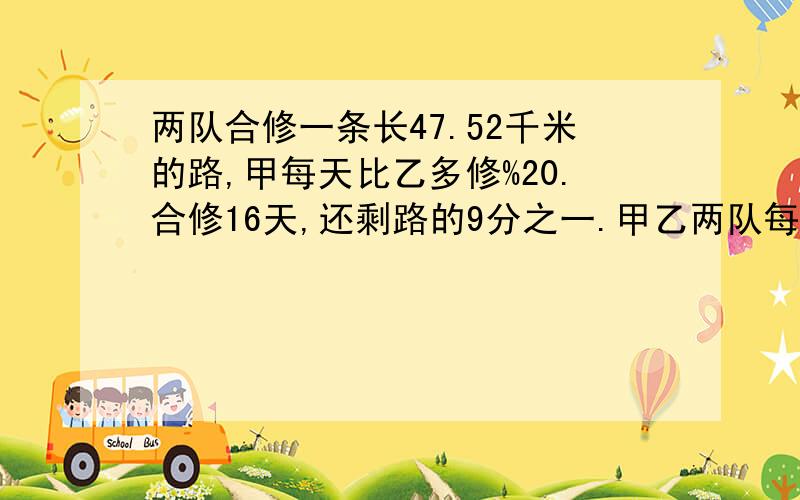 两队合修一条长47.52千米的路,甲每天比乙多修%20.合修16天,还剩路的9分之一.甲乙两队每天修了多少千米?