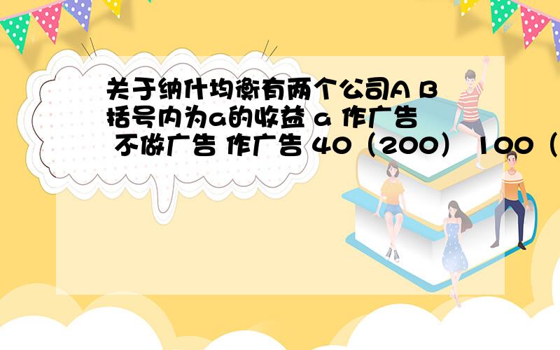 关于纳什均衡有两个公司A B括号内为a的收益 a 作广告 不做广告 作广告 40（200） 100（60）b 不做广告