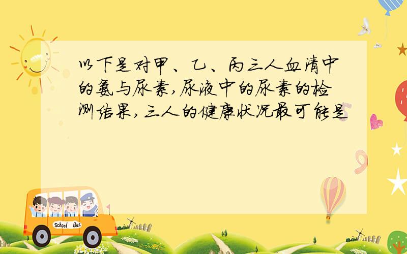 以下是对甲、乙、丙三人血清中的氨与尿素,尿液中的尿素的检测结果,三人的健康状况最可能是