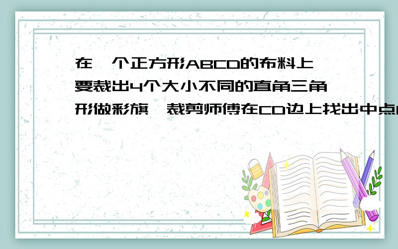 在一个正方形ABCD的布料上要裁出4个大小不同的直角三角形做彩旗,裁剪师傅在CD边上找出中点F,在BC边上找出点E,使C