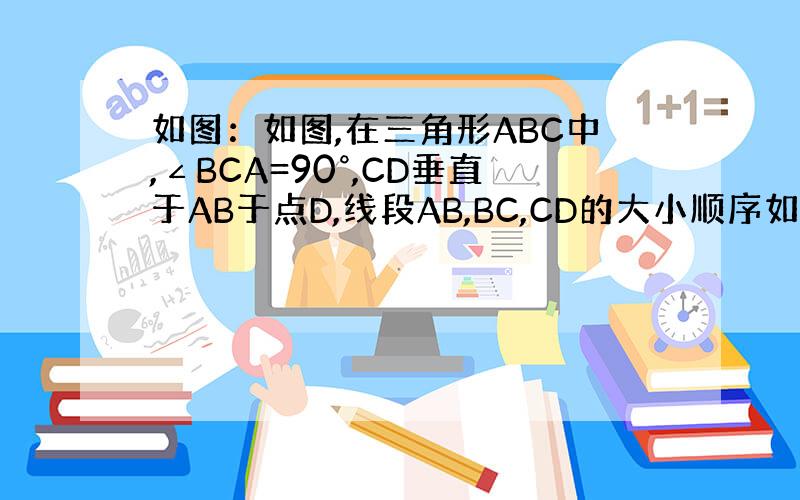 如图：如图,在三角形ABC中,∠BCA=90°,CD垂直于AB于点D,线段AB,BC,CD的大小顺序如何?并说明理由