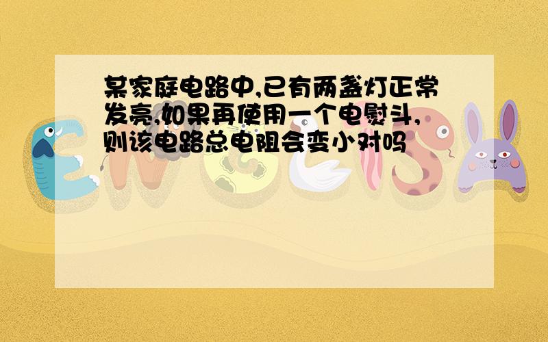 某家庭电路中,已有两盏灯正常发亮,如果再使用一个电熨斗,则该电路总电阻会变小对吗