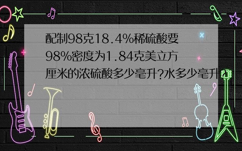 配制98克18.4%稀硫酸要98%密度为1.84克美立方厘米的浓硫酸多少毫升?水多少毫升?