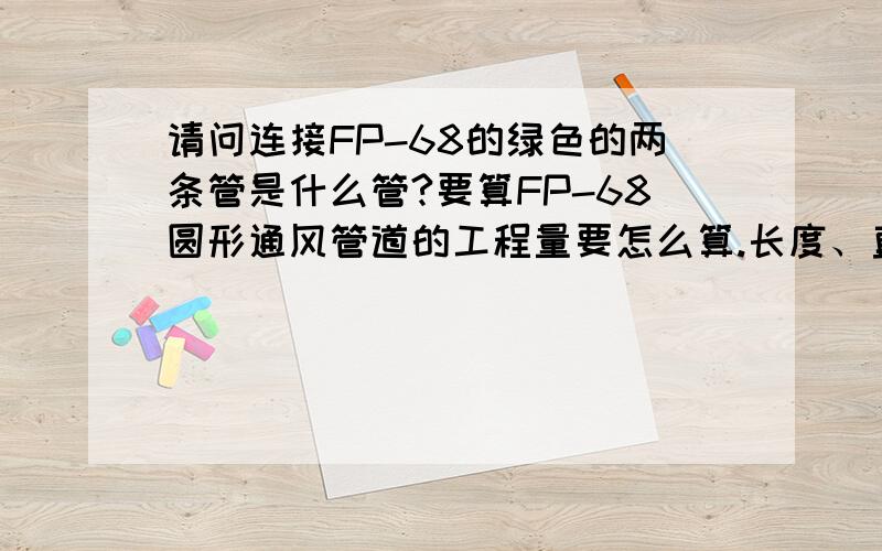 请问连接FP-68的绿色的两条管是什么管?要算FP-68圆形通风管道的工程量要怎么算.长度、直径怎么取?