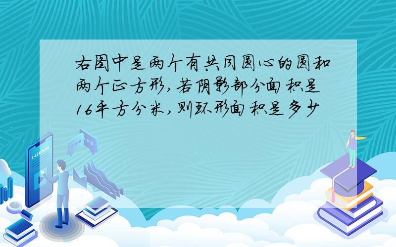 右图中是两个有共同圆心的圆和两个正方形,若阴影部分面积是16平方分米,则环形面积是多少