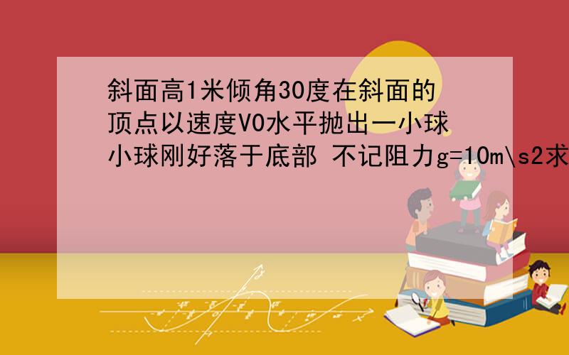 斜面高1米倾角30度在斜面的顶点以速度V0水平抛出一小球小球刚好落于底部 不记阻力g=10m\s2求抛出速度和...