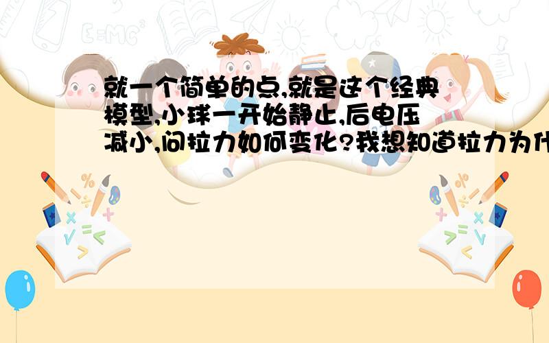 就一个简单的点,就是这个经典模型,小球一开始静止,后电压减小,问拉力如何变化?我想知道拉力为什么为变小?极板两端电压减小