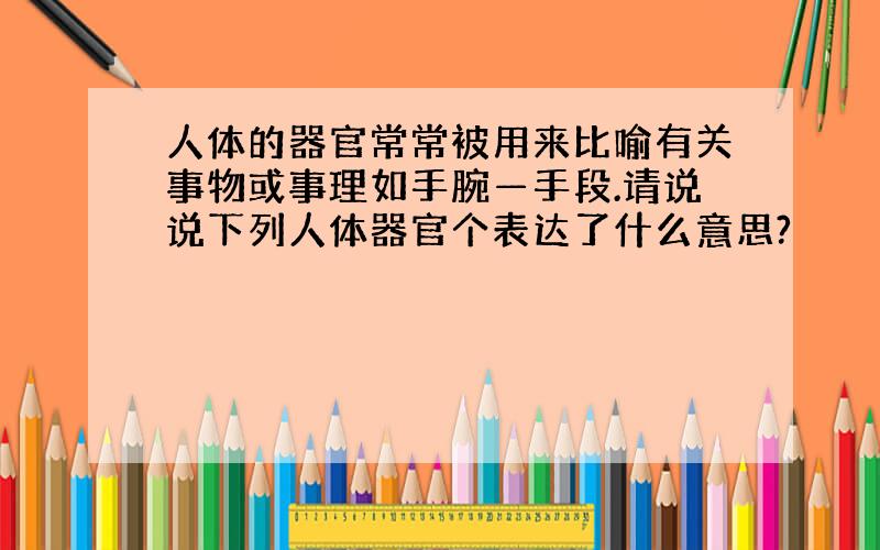 人体的器官常常被用来比喻有关事物或事理如手腕—手段.请说说下列人体器官个表达了什么意思?