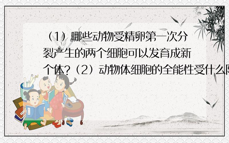 （1）哪些动物受精卵第一次分裂产生的两个细胞可以发育成新个体?（2）动物体细胞的全能性受什么限制?