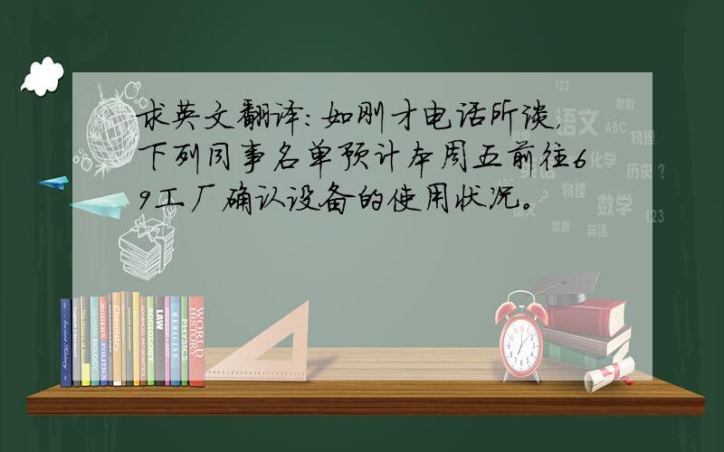 求英文翻译：如刚才电话所谈，下列同事名单预计本周五前往69工厂确认设备的使用状况。