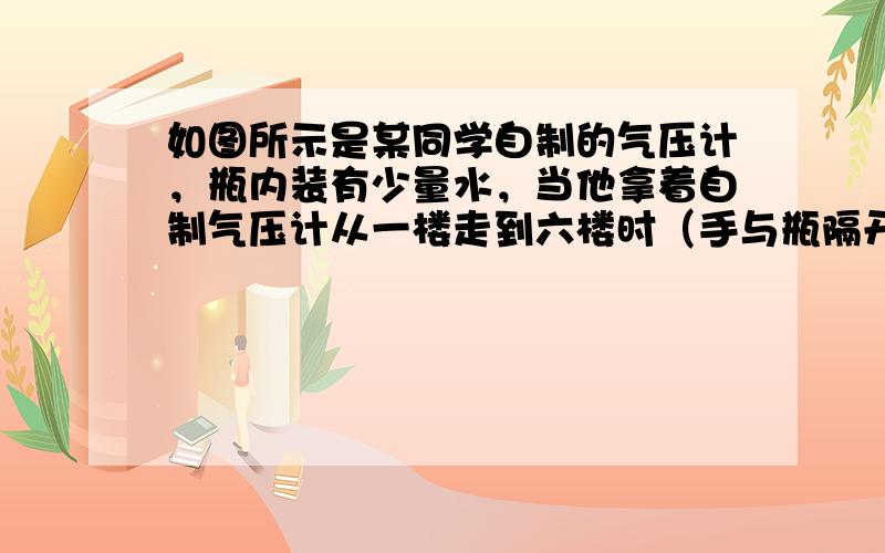 如图所示是某同学自制的气压计，瓶内装有少量水，当他拿着自制气压计从一楼走到六楼时（手与瓶隔开，没发生热传热），管内水面将