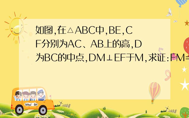 如图,在△ABC中,BE,CF分别为AC、AB上的高,D为BC的中点,DM⊥EF于M,求证:FM=EM