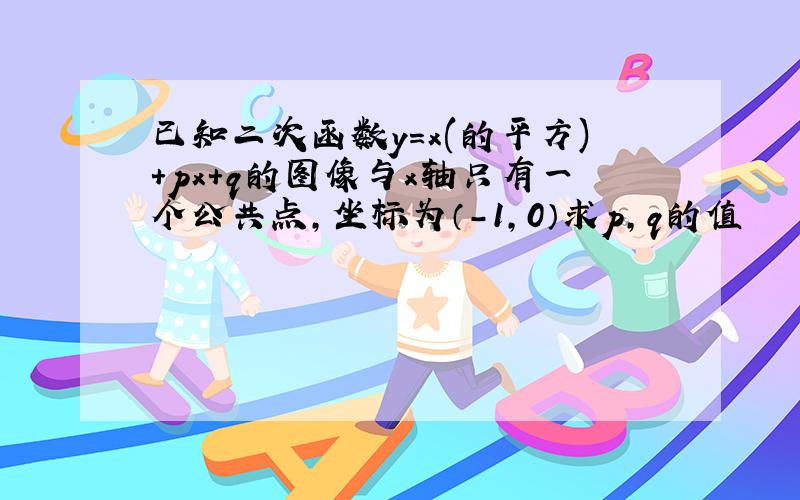 已知二次函数y=x(的平方)+px+q的图像与x轴只有一个公共点,坐标为（-1,0）求p,q的值