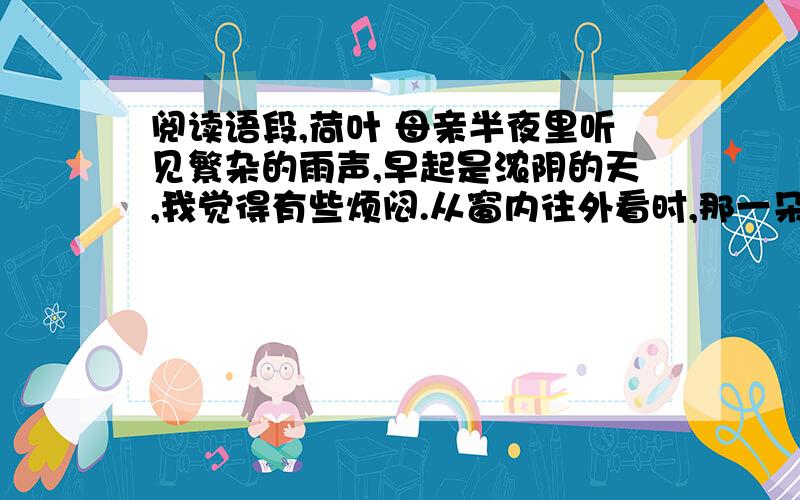 阅读语段,荷叶 母亲半夜里听见繁杂的雨声,早起是浓阴的天,我觉得有些烦闷.从窗内往外看时,那一朵白莲已经谢了,白瓣小船般