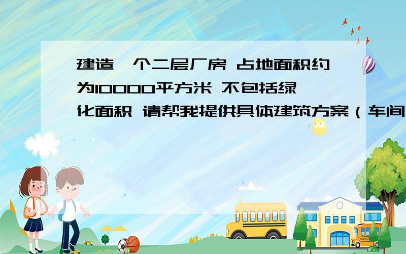 建造一个二层厂房 占地面积约为10000平方米 不包括绿化面积 请帮我提供具体建筑方案（车间分布 面积 造价