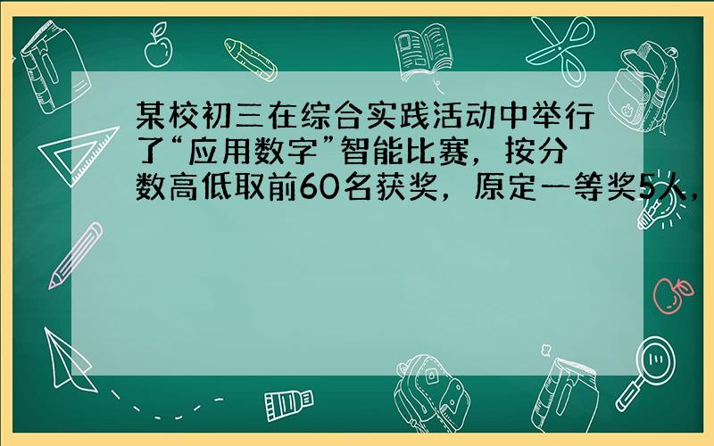 某校初三在综合实践活动中举行了“应用数字”智能比赛，按分数高低取前60名获奖，原定一等奖5人，二等奖15人，三等奖40人