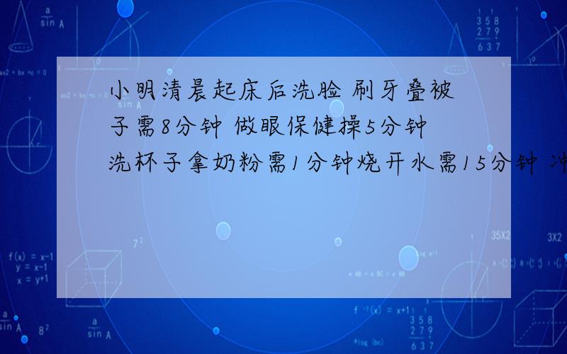 小明清晨起床后洗脸 刷牙叠被子需8分钟 做眼保健操5分钟洗杯子拿奶粉需1分钟烧开水需15分钟 冲奶粉需1分钟