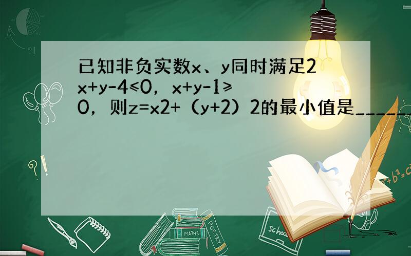 已知非负实数x、y同时满足2x+y-4≤0，x+y-1≥0，则z=x2+（y+2）2的最小值是______．