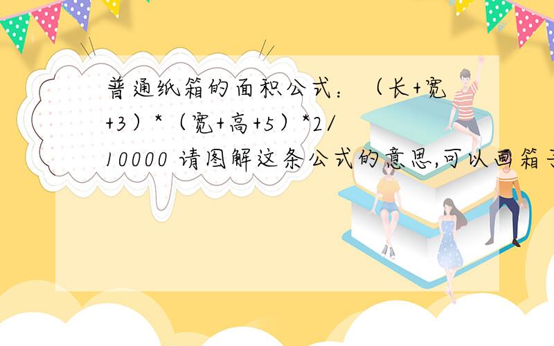 普通纸箱的面积公式：（长+宽+3）*（宽+高+5）*2/10000 请图解这条公式的意思,可以画箱子的拆开图!