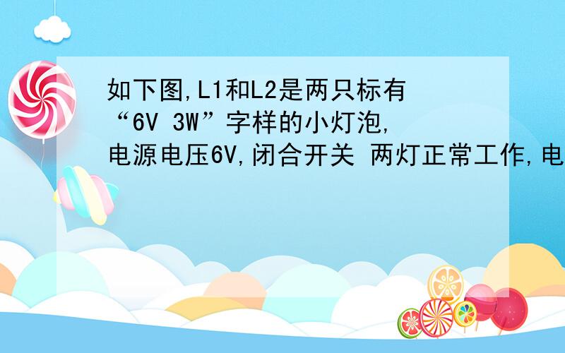 如下图,L1和L2是两只标有“6V 3W”字样的小灯泡,电源电压6V,闭合开关 两灯正常工作,电流表的示数是_.