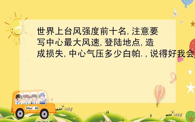 世界上台风强度前十名,注意要写中心最大风速,登陆地点,造成损失,中心气压多少白帕.,说得好我会感激你的