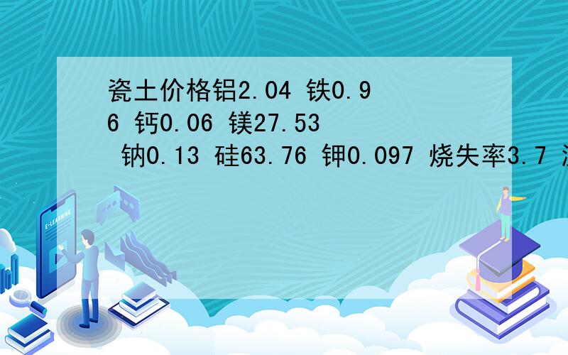 瓷土价格铝2.04 铁0.96 钙0.06 镁27.53 钠0.13 硅63.76 钾0.097 烧失率3.7 温度13