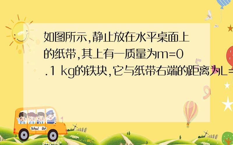 如图所示,静止放在水平桌面上的纸带,其上有一质量为m=0.1 kg的铁块,它与纸带右端的距离为L=0.5m,所有接触面之