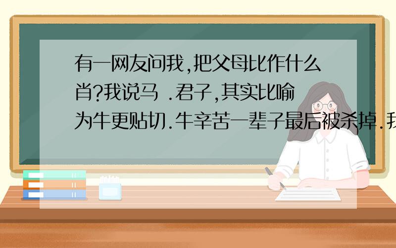 有一网友问我,把父母比作什么肖?我说马 .君子,其实比喻为牛更贴切.牛辛苦一辈子最后被杀掉.我们的