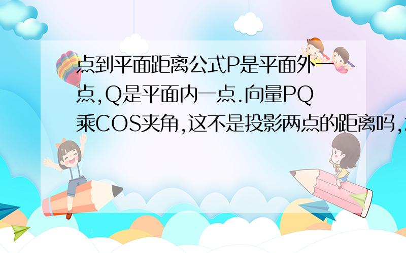 点到平面距离公式P是平面外一点,Q是平面内一点.向量PQ乘COS夹角,这不是投影两点的距离吗,怎么成点到直线的距离了最后