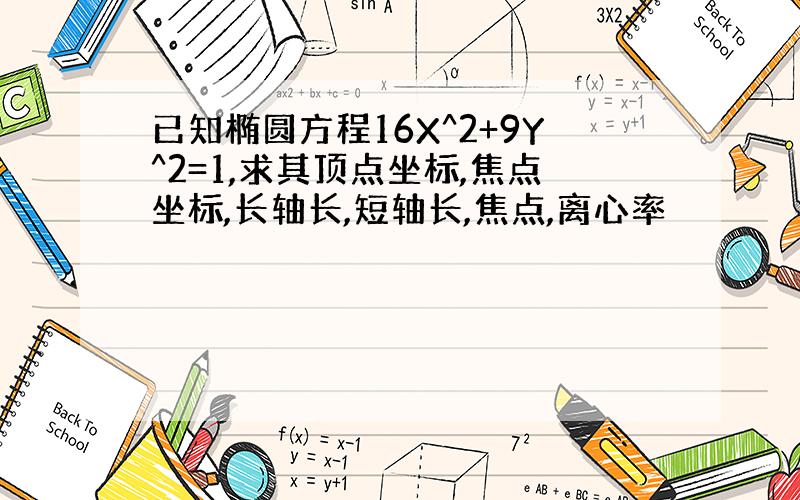 已知椭圆方程16X^2+9Y^2=1,求其顶点坐标,焦点坐标,长轴长,短轴长,焦点,离心率