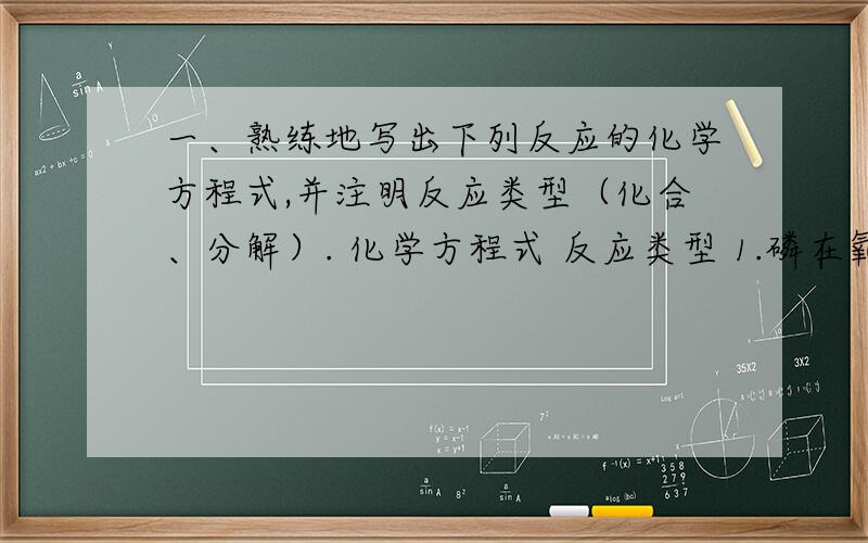 一、熟练地写出下列反应的化学方程式,并注明反应类型（化合、分解）. 化学方程式 反应类型 1.磷在氧气中