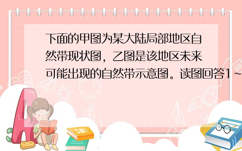 下面的甲图为某大陆局部地区自然带现状图，乙图是该地区未来可能出现的自然带示意图。读图回答1~2题。