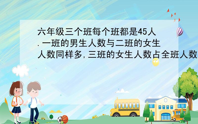 六年级三个班每个班都是45人.一班的男生人数与二班的女生人数同样多,三班的女生人数占全班人数的49 .