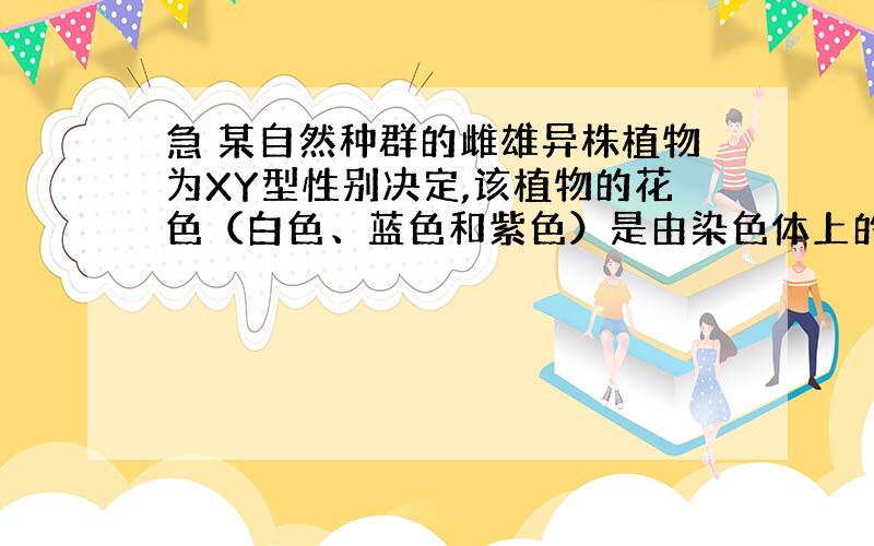 急 某自然种群的雌雄异株植物为XY型性别决定,该植物的花色（白色、蓝色和紫色）是由染色体上的两对独立遗传的等位基因（A和