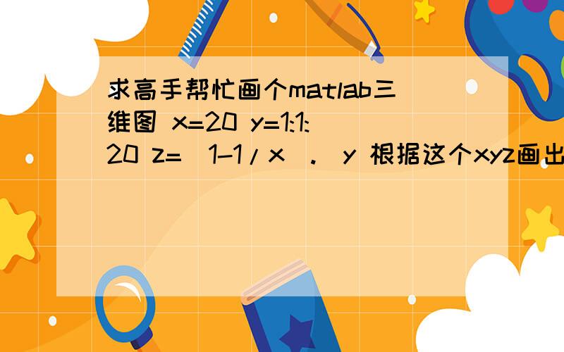 求高手帮忙画个matlab三维图 x=20 y=1:1:20 z=(1-1/x).^y 根据这个xyz画出三维图 求高手